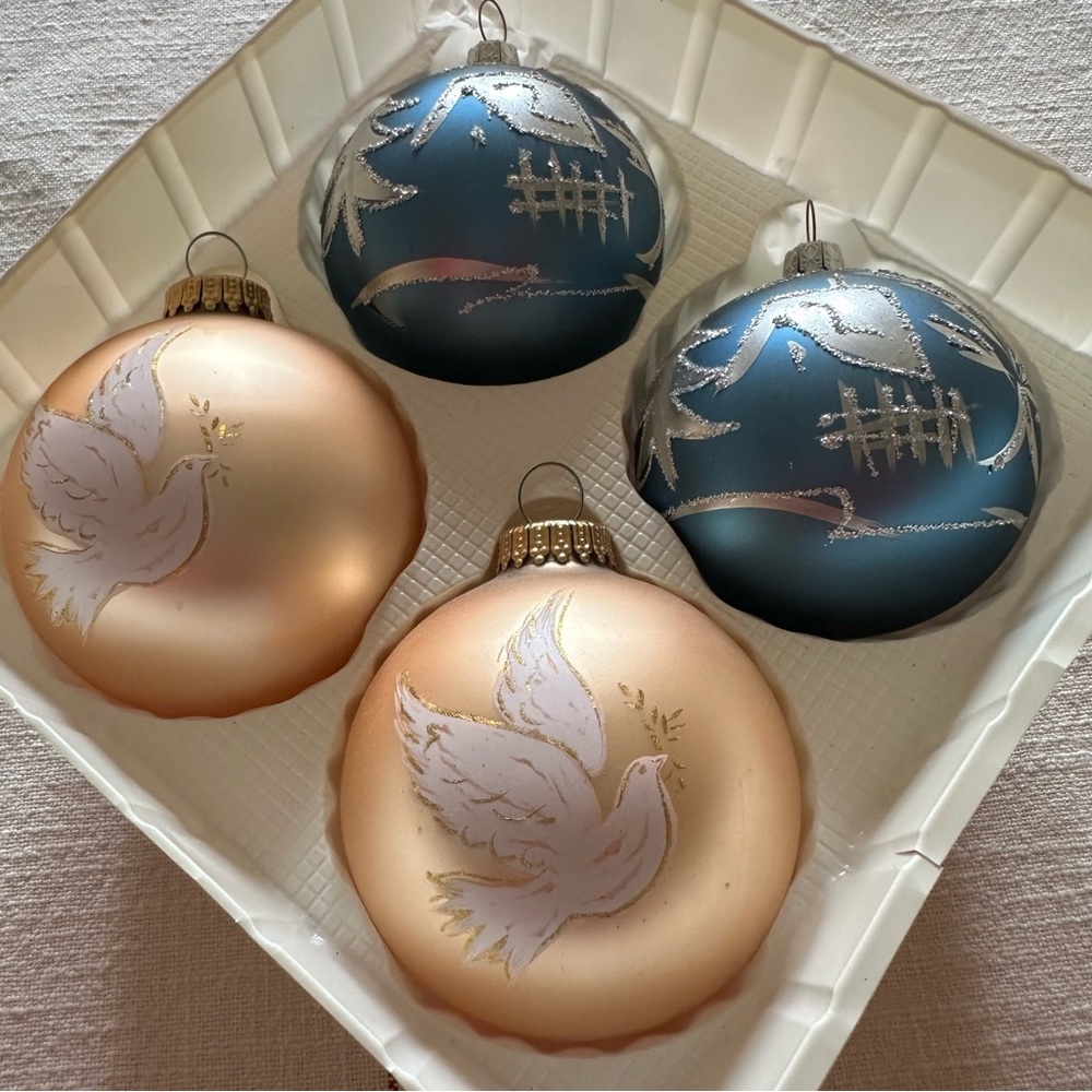 Vintage Set 4 Christmas By Krebs Blue Gold Glitter Glass Ball Ornaments Crowns